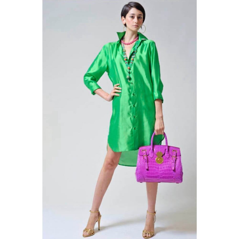 Ralph Lauren Collection Silk Shirt Dress Button Up Resort Runway M 8 Green - Picture 2 of 9